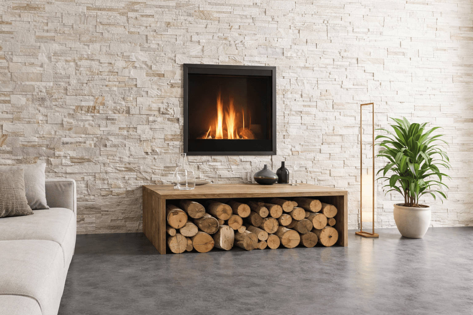 Intérieur moderne avec pierre naturelle - Cuisine et salle à manger